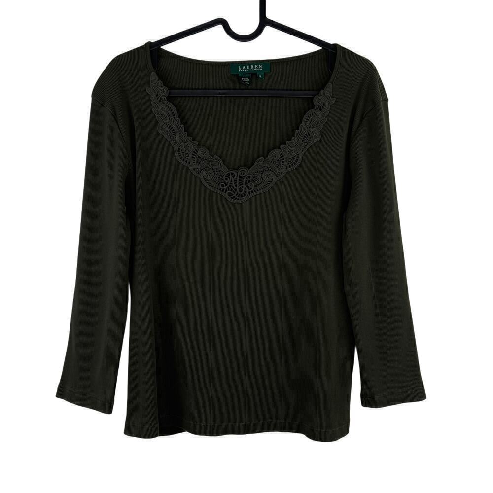 Ralph Lauren Ribbed Olive Green Lace Trim Neckline Top Size Medium Western LRL